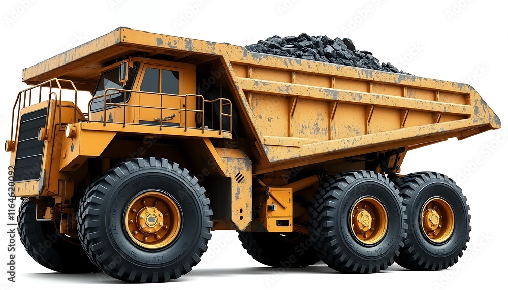 Obraz premium Powerful Yellow Mining Dump Truck: Coal Haul, Industrial Strength, Realistic Render