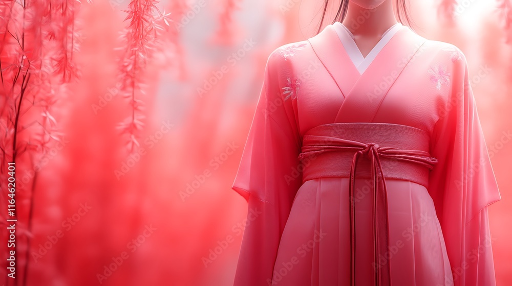 Fototapeta premium Pink Kimono Woman Amidst Red Floral Background
