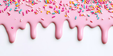 Pink cream with colorful sprinkles dripping down from top , isolated on white background