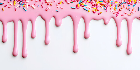 Pink cream with colorful sprinkles dripping down from top , isolated on white background