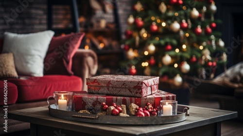 A Christmas tree sits in front of a red couch. The couch is covered in pillows and a blanket