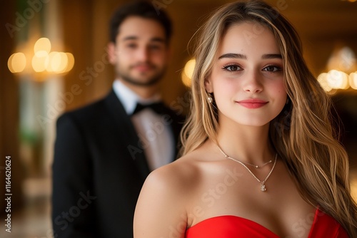 A couple dressed elegantly for a formal event, with a blurred background. photo