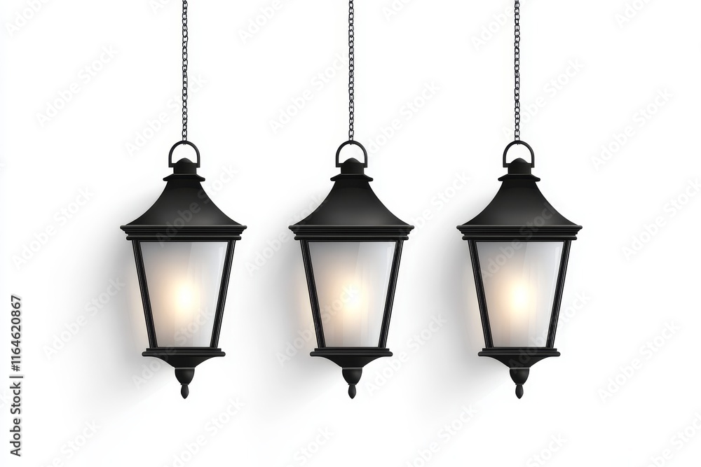 Three black lanterns with a warm glow, perfect for adding a touch of elegance to any indoor or outdoor space. Three black lanterns with a warm glow, perfect for adding a touch of elegance to any indoor or outdoor space.