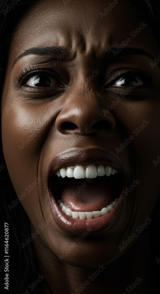 Close up of Black Woman face, Scream Screaming Yell Yelling Expression, Zoom In, Zoomed Portrait Close up of Black Woman face, Scream Screaming Yell Yelling Expression, Zoom In, Zoomed Portrait