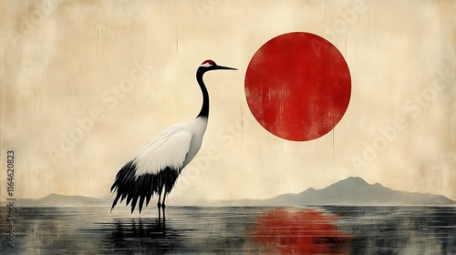 Wallpaper Mural Japanese Crane Stands Serenely Before a Red Sun Torontodigital.ca