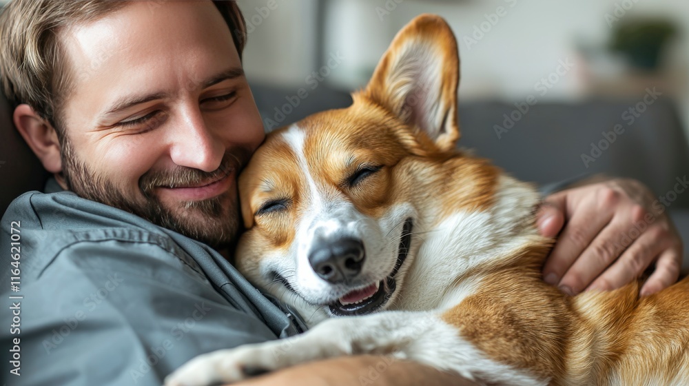 A joyful moment captured as a man embraces his cheerful Corgi with happiness and warmth, showcasing the bond between a pet and its owner in a cozy setting. A joyful moment captured as a man embraces his cheerful Corgi with happiness and warmth, showcasing the bond between a pet and its owner in a cozy setting.