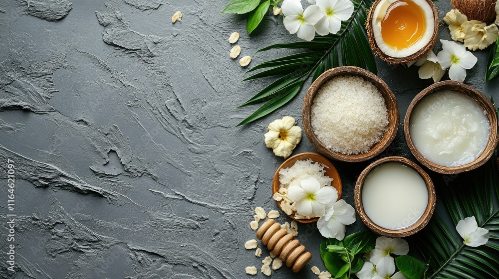 Coconut body scrub with ingredients on a gray table background. top view Coconut body scrub with ingredients on a gray table background. top view