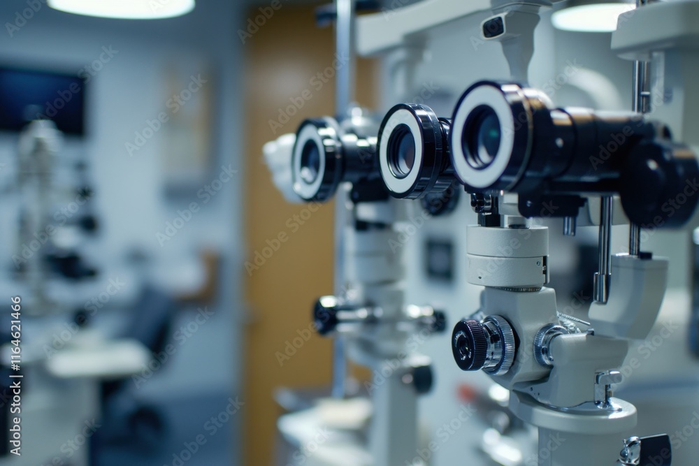 Optical equipment used for vision tests in a well-lit clinical setting to assess eyesight health Optical equipment used for vision tests in a well-lit clinical setting to assess eyesight health