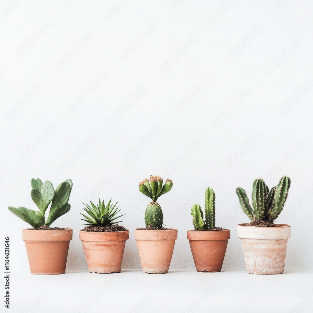 Five small cacti in terracotta pots against a white background. Five small cacti in terracotta pots against a white background.