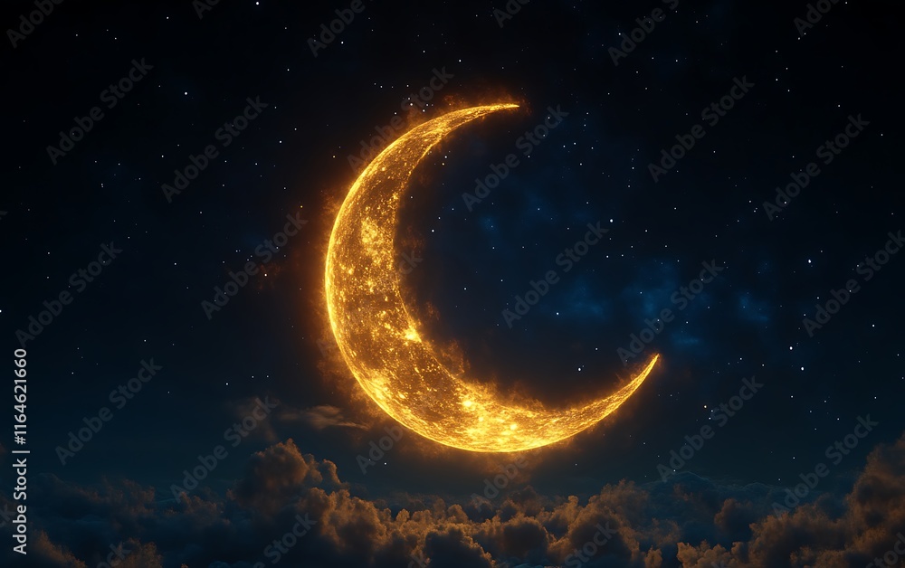 Fiery crescent moon above clouds at night. (2) Fiery crescent moon above clouds at night. (2)