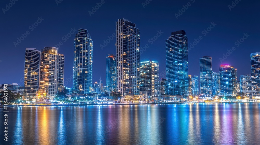 Fototapeta premium Vibrant Urban Skyline with Bright Lighting at Night
