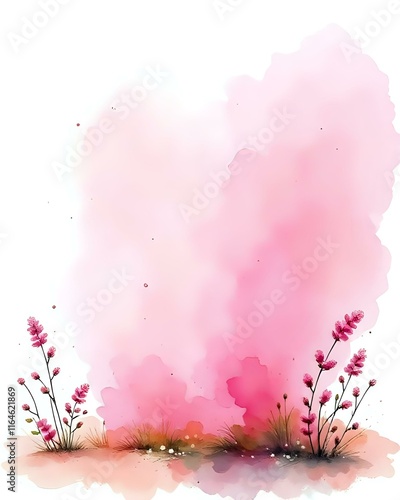 image d'un tâche d'encre rose en fond d'écran avec sur la gauche quelques fleurs roses