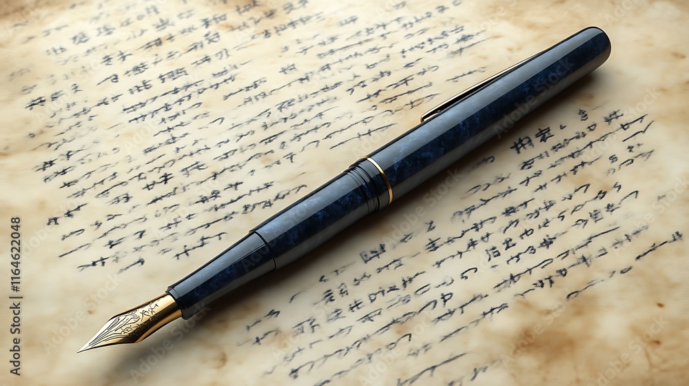 Elegant fountain pen rests on aged handwritten letter Elegant fountain pen rests on aged handwritten letter