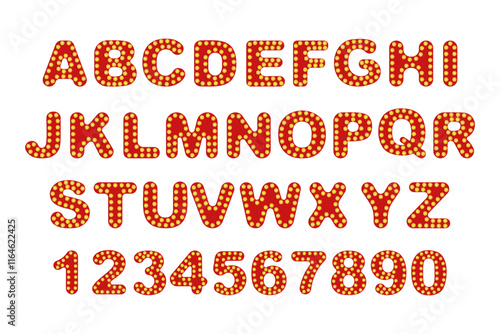 Vintage Marquee Lettering and Numbers Graphic. Alphabet and numbers with glowing light bulb effect in red and yellow on a white background. Decorative typography design for poster, banner.