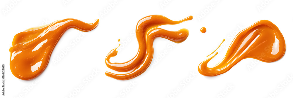 Fototapeta premium Set of abstract swirls from sweet caramel sauce isolated on white background. Vector style illustration design for packaging or print products.