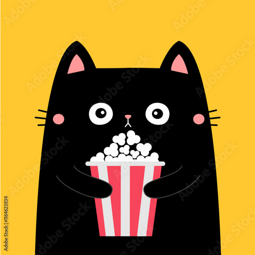 Black cat kitten holding popcorn box. Kitten watching movie. Pop corn food. Cute cartoon funny character. Film show. Cinema theater. Childish style. Flat design. Yellow background. Isolated. Vector
