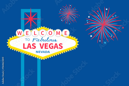 Welcome to fabulous Las Vegas sign icon at night. Classic retro symbol. Fireworks night sky. Nevada sight showplace. Template for greeting card, banner, poster. Flat design. Blue background. Vector