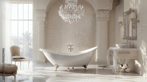 Luxurious freestanding bathtub in a spacious, elegant bathroom with large window, chandelier, and ornate details.