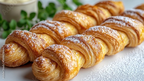 Wallpaper Mural Two golden-brown croissants dusted with powdered sugar, beside a small bowl of cream and fresh herbs. Torontodigital.ca