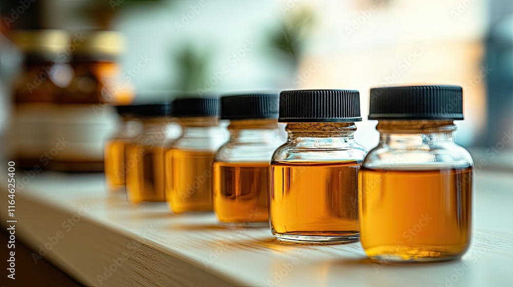 Vials for medical use moving along a production line in a pharmaceutical plant, with machinery producing glass bottles Vials for medical use moving along a production line in a pharmaceutical plant, with machinery producing glass bottles