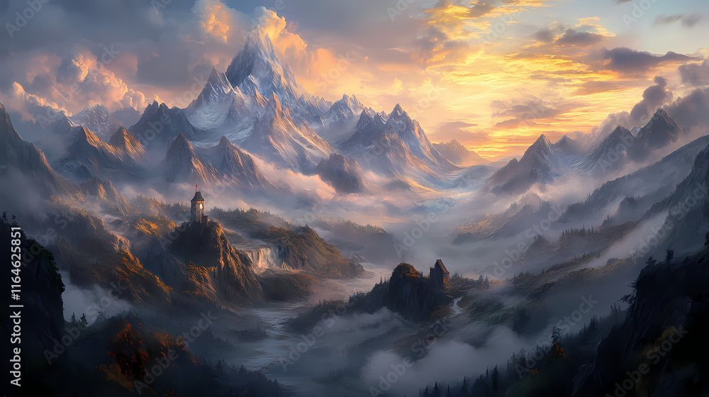Obraz premium A panoramic mountain landscape at dawn with misty valleys and soft light. Dawnlit. Illustration