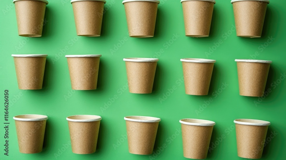 Empty cups from recyclable craft paper on green background top view. Zero waste, eco friendly and plastic free concept Empty cups from recyclable craft paper on green background top view. Zero waste, eco friendly and plastic free concept