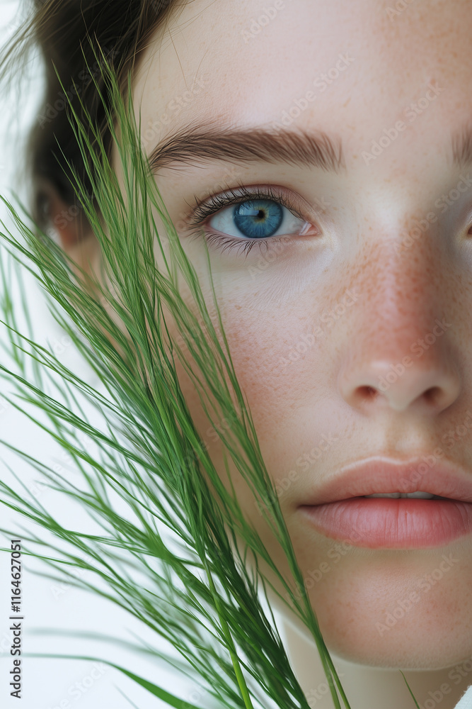 Naklejka premium Aesthetic Model Photo, Portrait of a Beautiful Woman with Flower in Magazine Cover Style