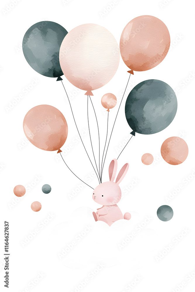 Naklejka premium Bunny with balloons sitting on a cloud, watercolor cute illustration