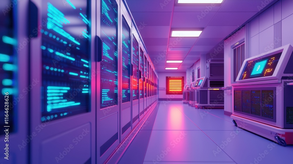 A futuristic data center corridor illuminated with vibrant blue and purple lights, showcasing rows of servers and high-tech equipment. A futuristic data center corridor illuminated with vibrant blue and purple lights, showcasing rows of servers and high-tech equipment.