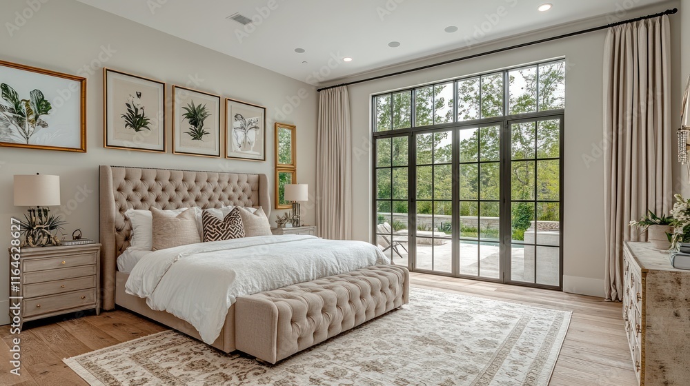 Fototapeta premium A modern bedroom featuring a tufted bed, large windows, and elegant decor.