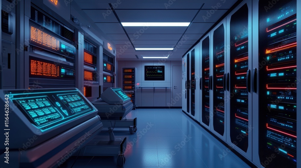 A futuristic data center featuring rows of servers, illuminated panels, and a sleek, modern design, showcasing advanced technology and digital infrastructure. A futuristic data center featuring rows of servers, illuminated panels, and a sleek, modern design, showcasing advanced technology and digital infrastructure.