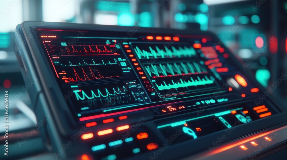 Obraz premium A futuristic control panel with vibrant lights and graphs, showcasing advanced technology and data visualization.