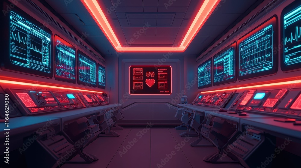 A futuristic control room featuring glowing screens and red-blue lighting, designed for monitoring data and operations. A futuristic control room featuring glowing screens and red-blue lighting, designed for monitoring data and operations.