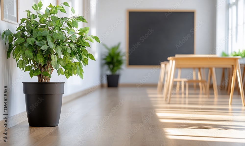 A bright room with plants, a chalkboard, and wooden furniture. A bright room with plants, a chalkboard, and wooden furniture.