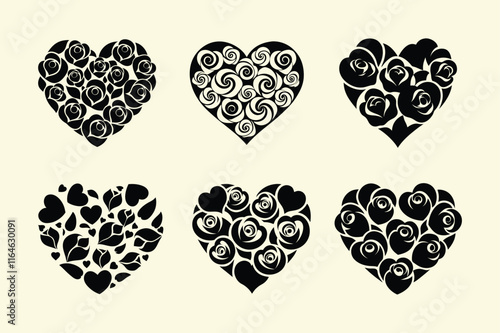 heart shaped with roses valentine concept silhouette vector set design illustration