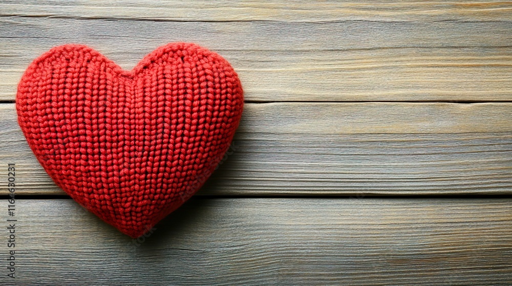 Cozy Handmade Heart Crafted from Red Yarn Placed on Wooden Board