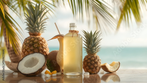 product background massage oil, coconut palms and pineapple, pina colada, romantic photo