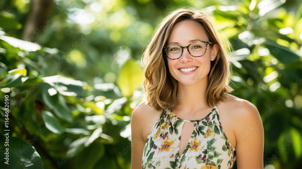 A smiling woman with glasses stands amidst lush green foliage. A smiling woman with glasses stands amidst lush green foliage.