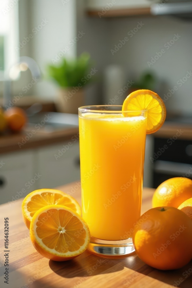 Freshly squeezed glass of orange juice on kitchen table, fresh, citrus, refreshment Freshly squeezed glass of orange juice on kitchen table, fresh, citrus, refreshment