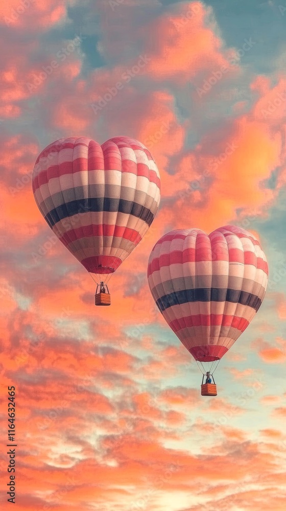 Naklejka premium Floating hearts drift in a vibrant dreamlike sky filled with soft pink and blue hues, capturing a surreal moment of whimsy and romance