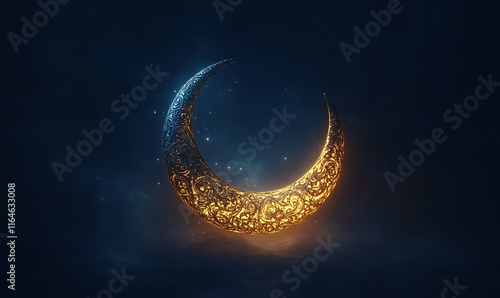 Ornate golden crescent moon in night sky. (6) photo