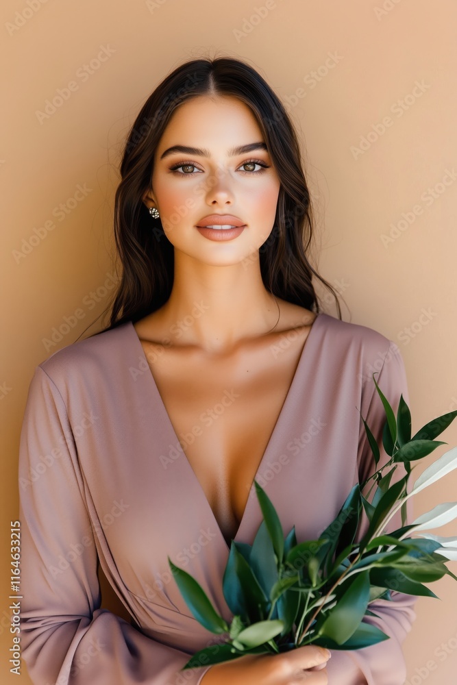 Conceptual fashion shoot featuring a model in a muted lilac dress holding green leaves against a brown background Conceptual fashion shoot featuring a model in a muted lilac dress holding green leaves against a brown background