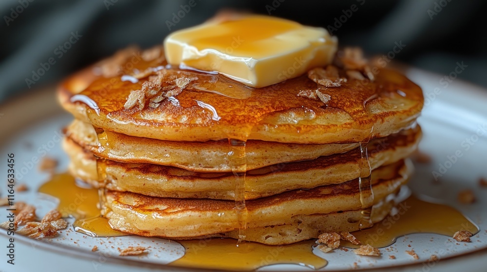 Buttery honey pancakes stack, drizzled with syrup and granola. Buttery honey pancakes stack, drizzled with syrup and granola.