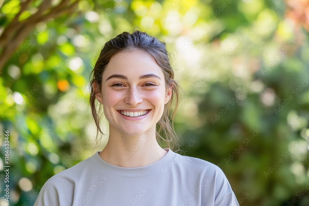 A smiling young woman stands outdoors, surrounded by greenery. A smiling young woman stands outdoors, surrounded by greenery.