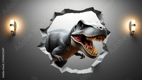 3D hole in the wall with trex dinosaur coming out, sharp teeth and claws. With copy space. photo