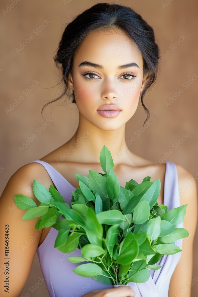 Conceptual fashion shoot featuring a model in muted lilac dress holding bouquet of deep green leaves against an earthy brown background Conceptual fashion shoot featuring a model in muted lilac dress holding bouquet of deep green leaves against an earthy brown background