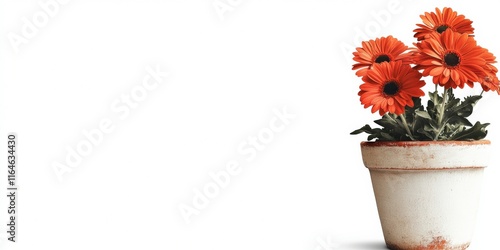 Orange gerbera flowers growing in a terracotta pot isolated on a white background, representing gardening, nature, and beauty