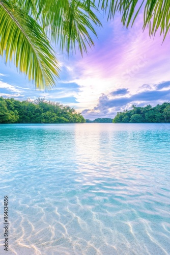 Relaxing at a pristine tropical beach with crystal-clear cyan water and a stunning purple-pink sunset sky framed by lush palm trees