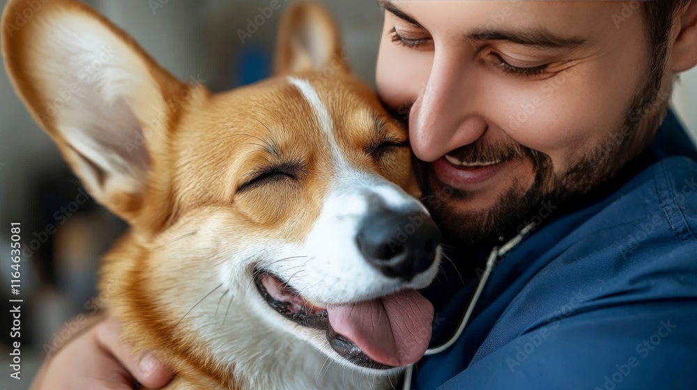 A man in casual attire joyfully cuddles a cute Corgi puppy, demonstrating a strong bond of affection, happiness, and companionship in a bright, cozy setting. A man in casual attire joyfully cuddles a cute Corgi puppy, demonstrating a strong bond of affection, happiness, and companionship in a bright, cozy setting.