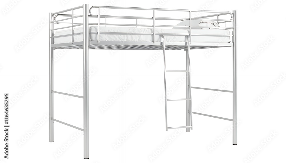 Sleek Silver Metal Loft Bed: Minimalist Design with Integrated Ladder Sleek Silver Metal Loft Bed: Minimalist Design with Integrated Ladder